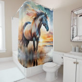 Wild Paard op grasduin bij zonsondergang Douchegordijn (In situ)