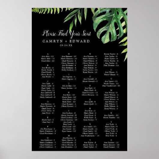 Wild Palm | Black Alphabetical Seating Chart Poster (Voorkant)