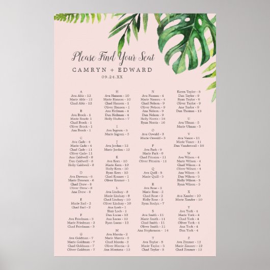 Wild Palm Blush Alfabetical Seating Chart Poster (Voorkant)