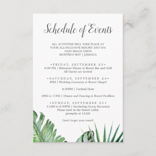 Wild Palm Wedding Week Plan van Gebeurtenissen Informatiekaartje (Voorkant)