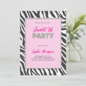 Wild Party Zebra Print Strass Lijst Sweet 16 Kaart (Staand voorkant)