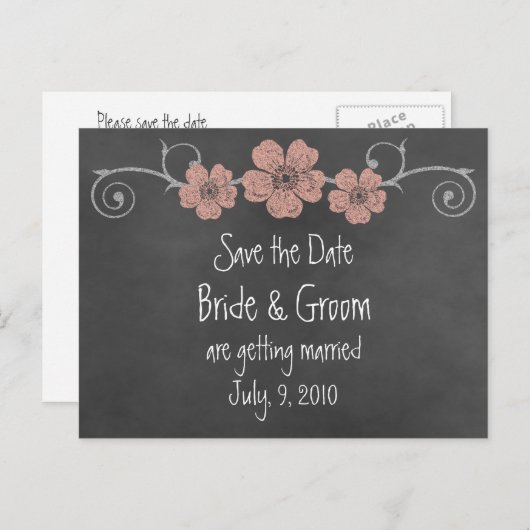 Wild Peach Rozen Chalkboard Save the Date Briefkaa Aankondigingskaart (Voorkant / Achterkant)