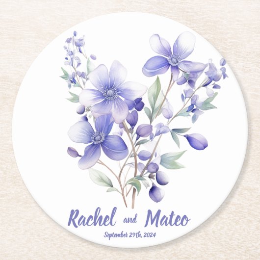 Wild Periwinkles: gepersonaliseerde bruiloft Onder Ronde Kartonnen Onderzetter (Voorkant)