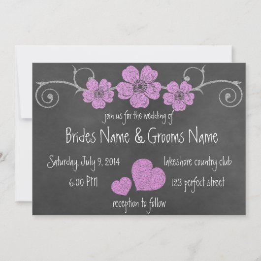 Wild Pink Roses Chalkboard Wedding Invitation Kaart (Voorkant)