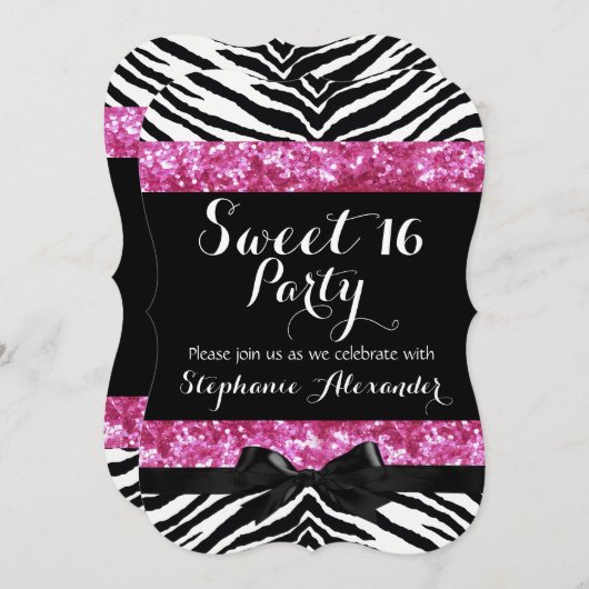 Wild Pink Sparkle Zebra Sweet 16 Verjaardagsfeest Kaart (Voorkant / Achterkant)