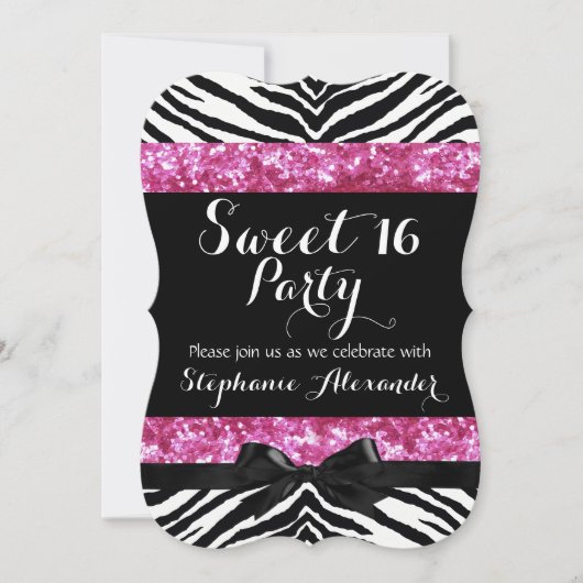 Wild Pink Sparkle Zebra Sweet 16 Verjaardagsfeest Kaart (Voorkant)