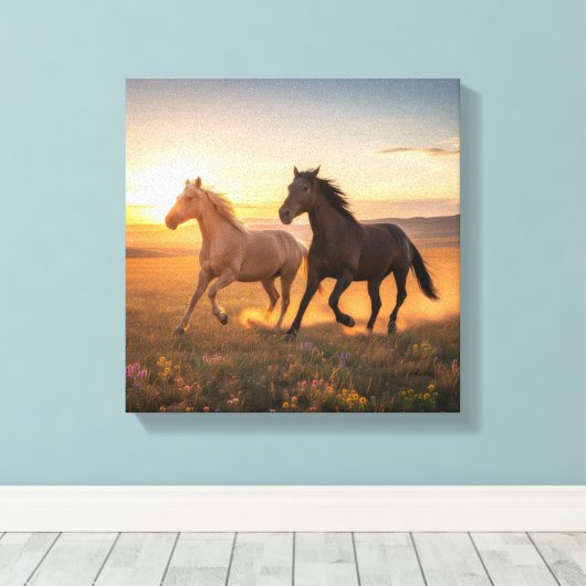 Wild Prairie Run – Horses at Sunset Wall Art Canvas Afdruk (Insitu (Houten vloer))