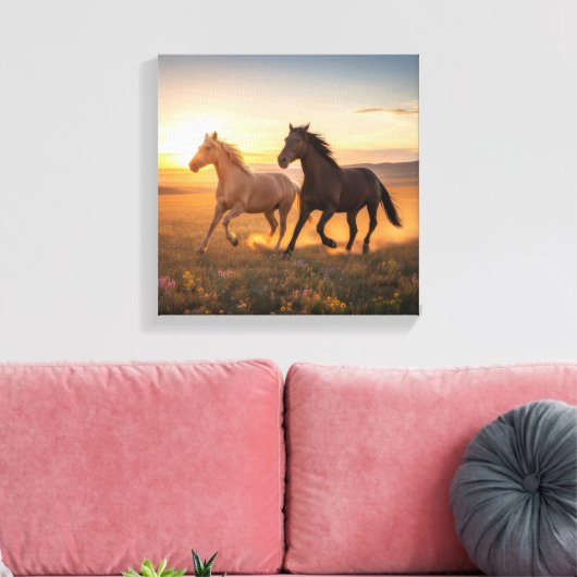 Wild Prairie Run – Horses at Sunset Wall Art Canvas Afdruk (Insitu (Woonkamer))