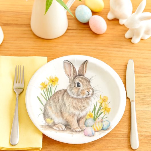 Wild Rabbit Easter Eggs and Daffodil Flowers  Papieren Bordje