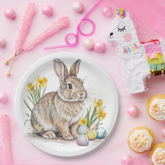 Wild Rabbit with Daffodils Easter  Papieren Bordje (Feest)