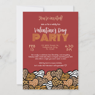 Wild Red Animal Print Heart Valentijnsdag Party Kaart