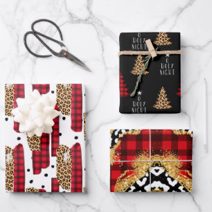 Wild Red Buffalo Pset Leopard met kerstmis Inpakpapier Vel