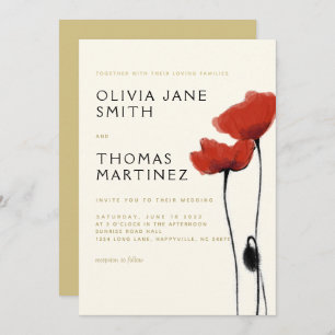 Wild Red Poppies Gold Ecru Rustic Elegant Wedding Kaart