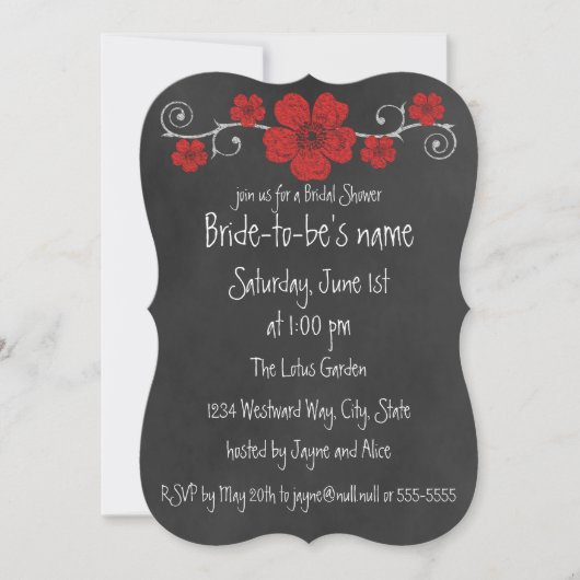 Wild Red Roses Chalkboard Bridal Shower Invitation Kaart (Voorkant)