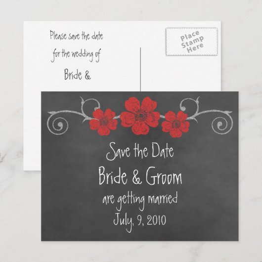 Wild Red Roses Chalkboard Save the Date Briefkaart (Voorkant / Achterkant)