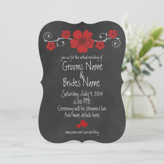 Wild Red Roses Chalkboard Virtual Wedding Kaart (Staand voorkant)