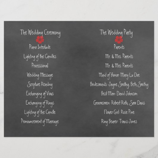 Wild Red Roses Chalkboard vouded Wedding Programme (Achterkant)
