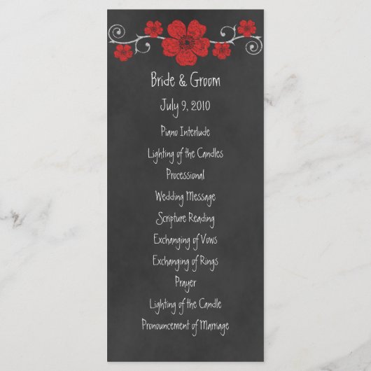 Wild Red Roses Chalkboard Wedding Program Card Programmakaart (Achterkant)