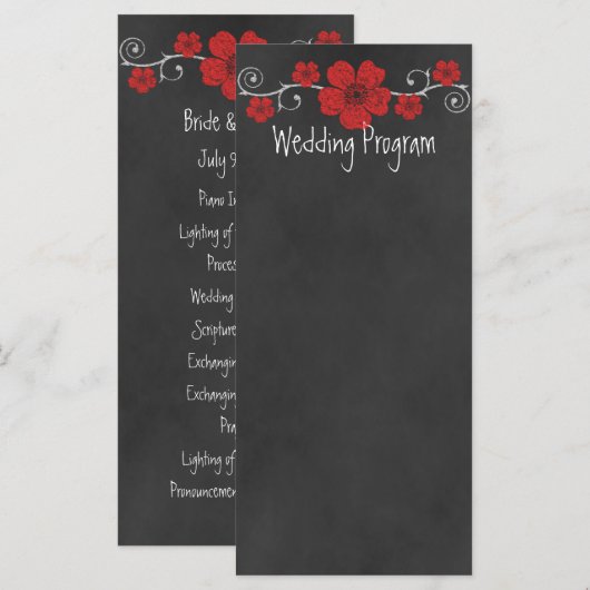 Wild Red Roses Chalkboard Wedding Program Card Programmakaart (Voorkant / Achterkant)