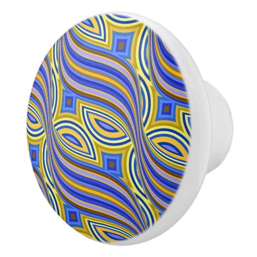 Wild Retro Pattern Blue Gold Abstract Swirl Design Keramische Knop (Rechts)