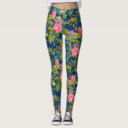 Wild roos, blauwe achtergrond, wild roos, rozen, r leggings (Voorkant)