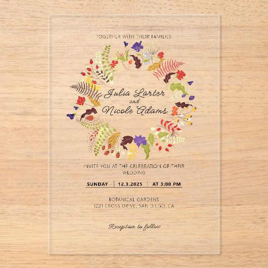 Wild Roos Bossen Exotische bloementuin Bruiloft Acryl Uitnodigingen (Voorkant)