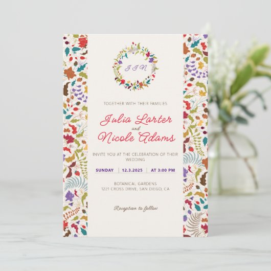 Wild Roos Bossen Exotische bloementuin Bruiloft Kaart (Staand voorkant)