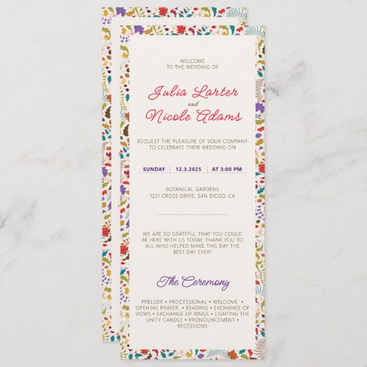 Wild Roos Bossen Exotische bloementuin Bruiloft Programmakaart (Voorkant / Achterkant)