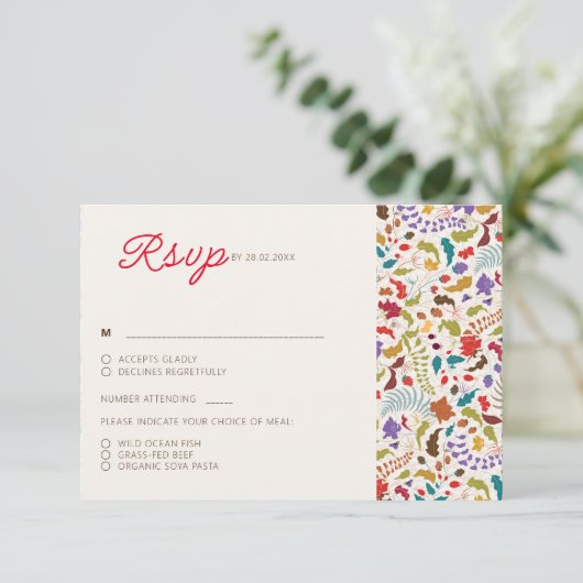 Wild Roos Bossen Exotische bloementuin Bruiloft RSVP Kaartje (Staand voorkant)