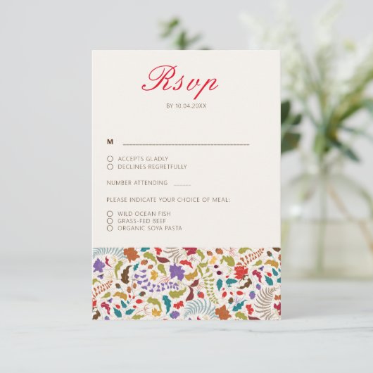 Wild Roos Bossen Exotische bloementuin Bruiloft RSVP Kaartje (Staand voorkant)