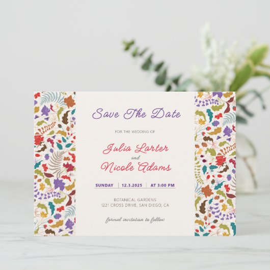 Wild Roos Bossen Exotische bloementuin Bruiloft Save The Date (Staand voorkant)