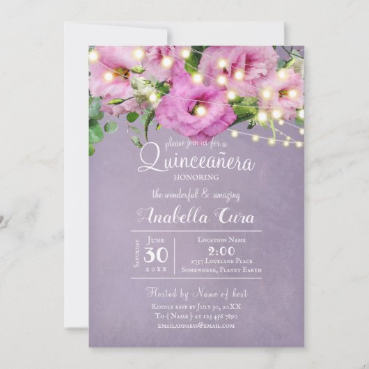 Wild Roos Garden | Lila Quinceañera Kaart (Voorkant)