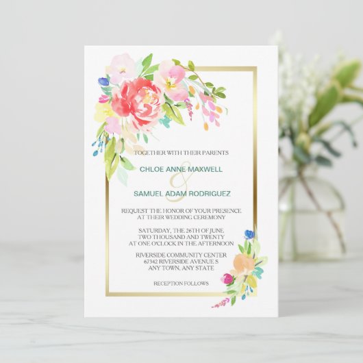 Wild Roos Spring Bouquet Gold Lijst Wedding Kaart (Staand voorkant)