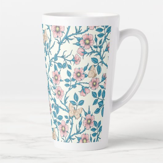 Wild roses and butterflies /pink/blue/off white latte mok (Rechts)