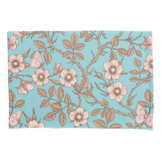 Wild roses and butterflies /pink/brown/pool kussensloop (Voorkant-Links)