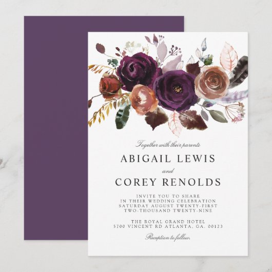 Wild Royal Bloom boeket | Plum bruiloft uitnodigen Kaart (Voorkant / Achterkant)