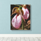Wild Roze Lady Slipper Orchid Paar Sluiten Canvas Afdruk (Insitu (Houten vloer))