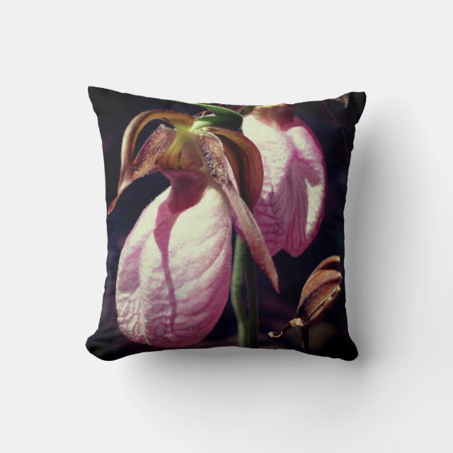 Wild Roze Lady Slipper Orchid Paar Sluiten Kussen (Voorkant)
