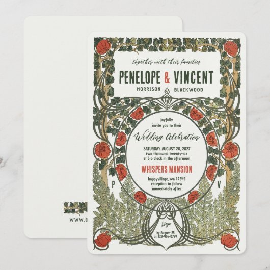 Wild Rozen Art Nouveau Lijst Uitnodiging (Voorkant / Achterkant)