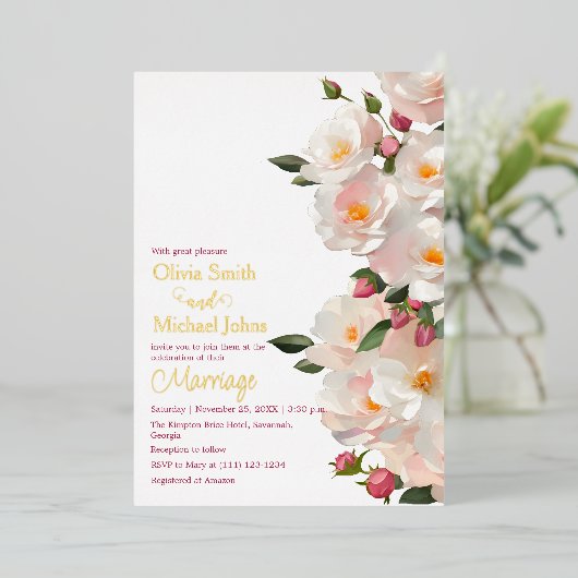 Wild rozen Elegant Dog roos bruiloft uitnodiging (Staand Voorkant)