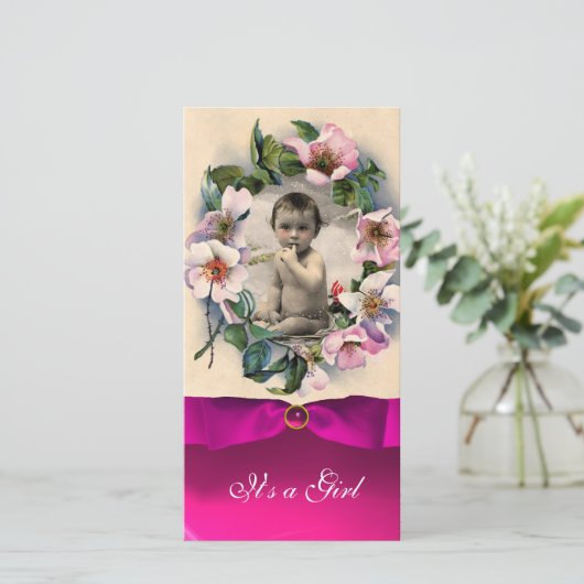 WILD-ROZEN EN PINK RIBBON-BABY SHOWER AANKONDIGING (Staand voorkant)