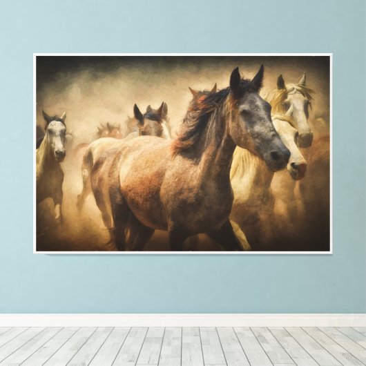 Wild Running Horses: Western Rustic Wildlife Art Canvas Afdruk (Insitu (Houten vloer))