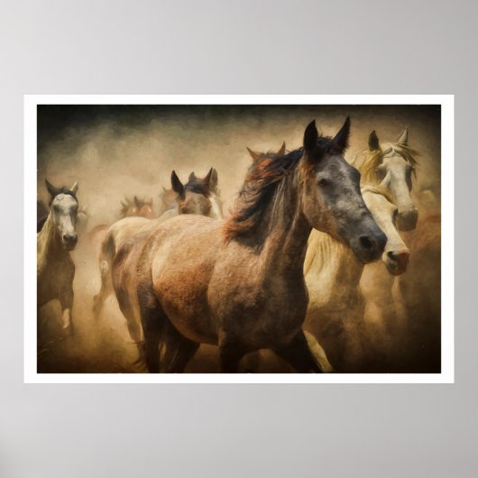 Wild Running Horses: Western Rustic Wildlife Art Poster (Voorkant)
