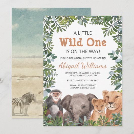 Wild Safari Animal - apen , olifant Baby shower Kaart (Voorkant / Achterkant)