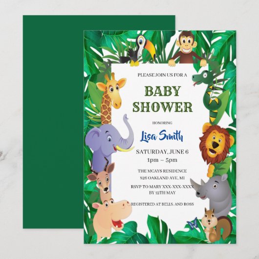 Wild Safari Animal Jungle Baby Shower Kaart (Voorkant / Achterkant)
