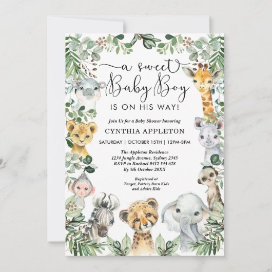 Wild Safari Animals Baby shower Oerwoud Greenery Kaart (Voorkant)