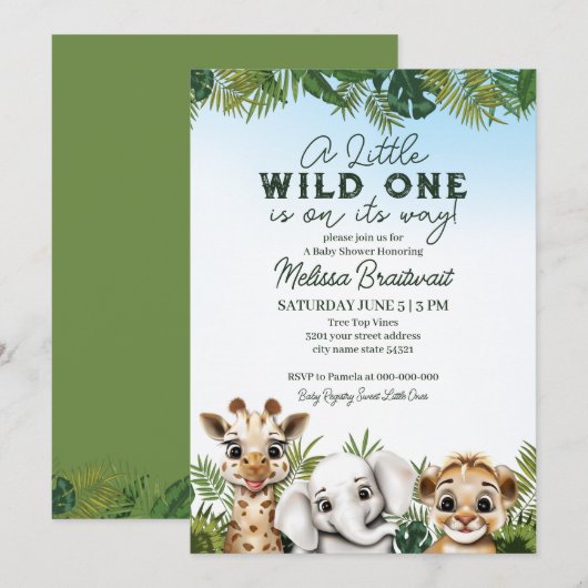 Wild Safari Animals Baby shower Uitnodiging (Voorkant / Achterkant)