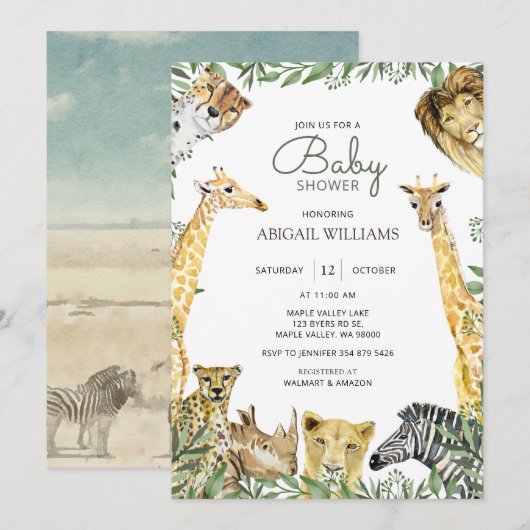 Wild Safari Animals Baby shower Uitnodiging (Voorkant / Achterkant)