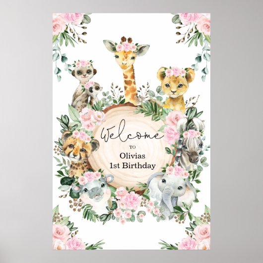 Wild Safari Animals Floral Greenery Birthday Baby Poster (Voorkant)