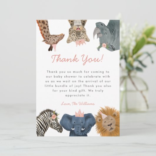 Wild Safari Animals Girl Baby shower Bedankkaart (Staand voorkant)